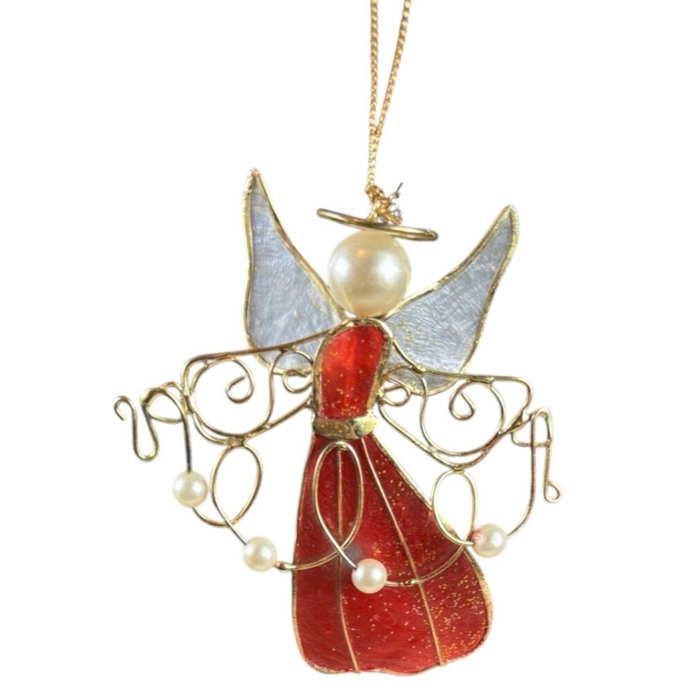Capiz Shell Red White Gold Wire Christmas Tree Angel Ornament 4.5' H